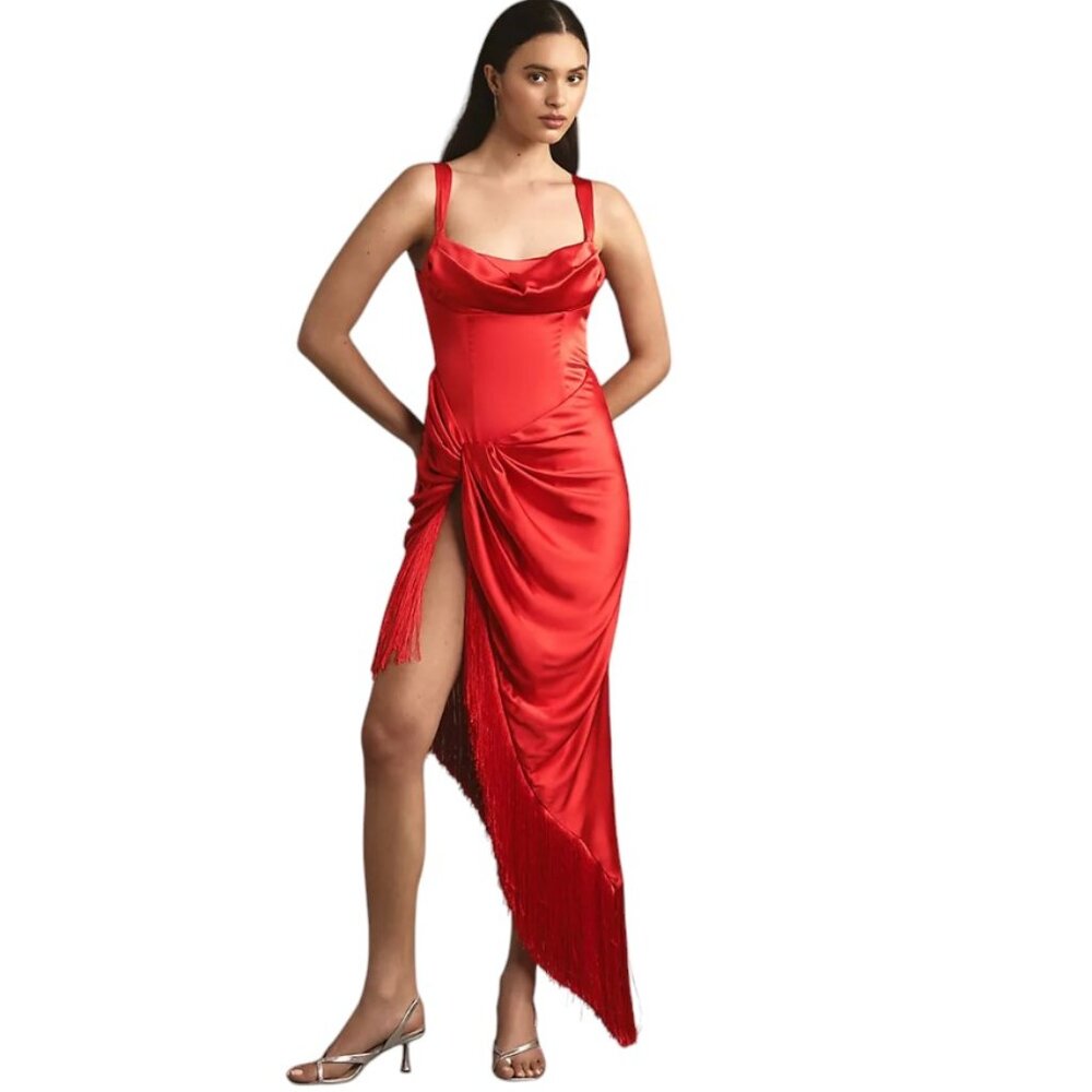 For Love & Lemons Anisa Asymmetrical Fringe Silk Midi Dress, Red, Size Small,NWT
